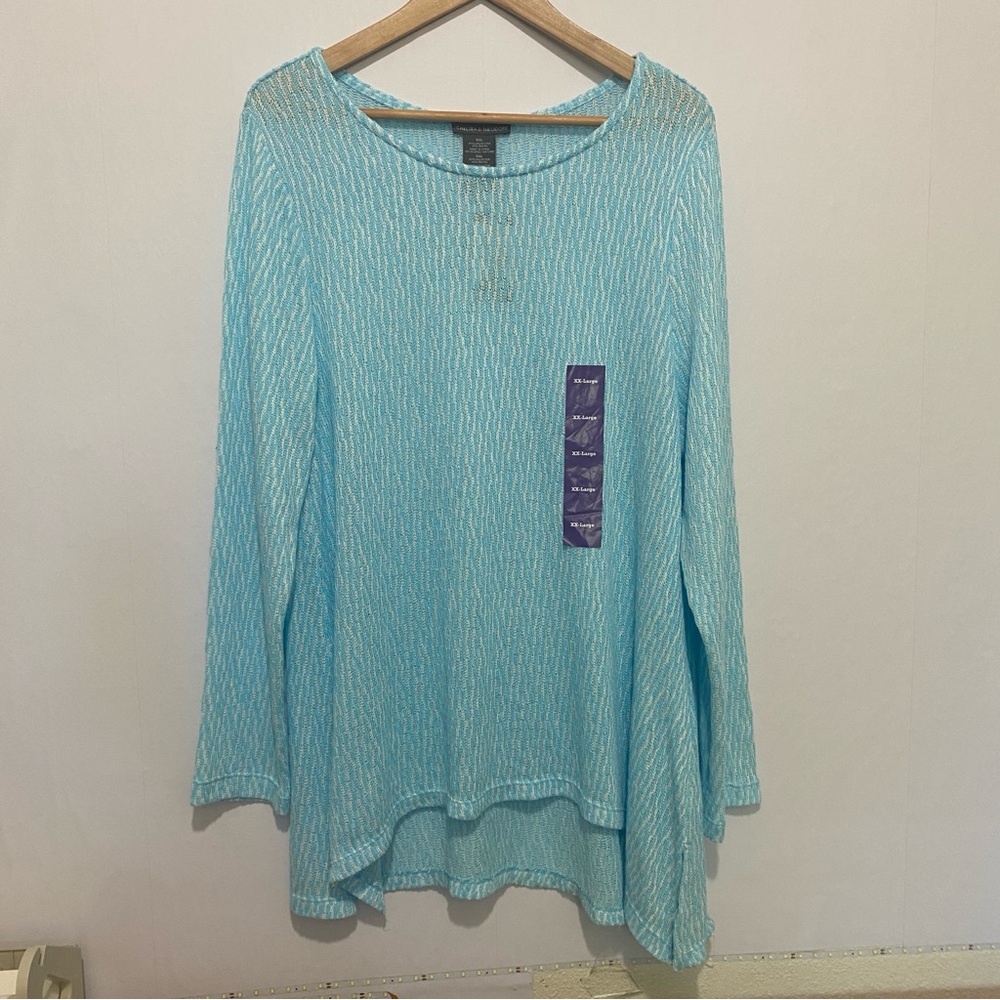 Chelsea & Theodore Blue Textured Knit Top XXL Long‎ Sleeve Semi Sheer NWT $68